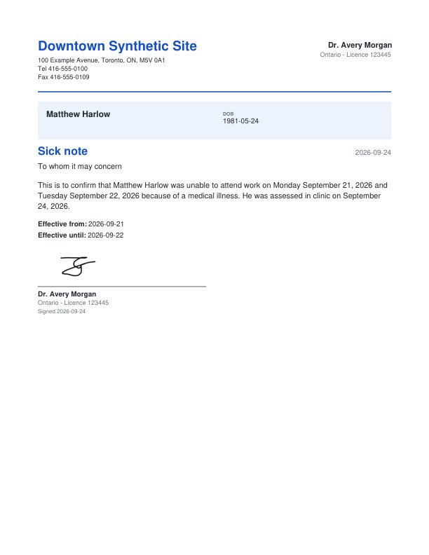 Sick note for the patient's employer